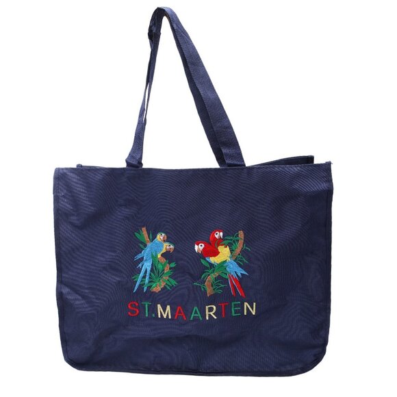 St. Maarten Nylon Shopping Tote Travel Handbag Parrots Colourful Navy Vacation - Picture 2 of 6